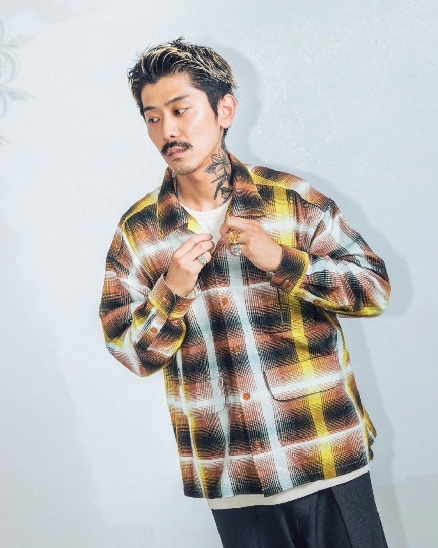 IMPRESTORE インプレストア / J.FOX ジェイフォックス | Printed flannel shirt プリントフランネルシャツ (BROWN/YELLOW ブラウンイエロー)