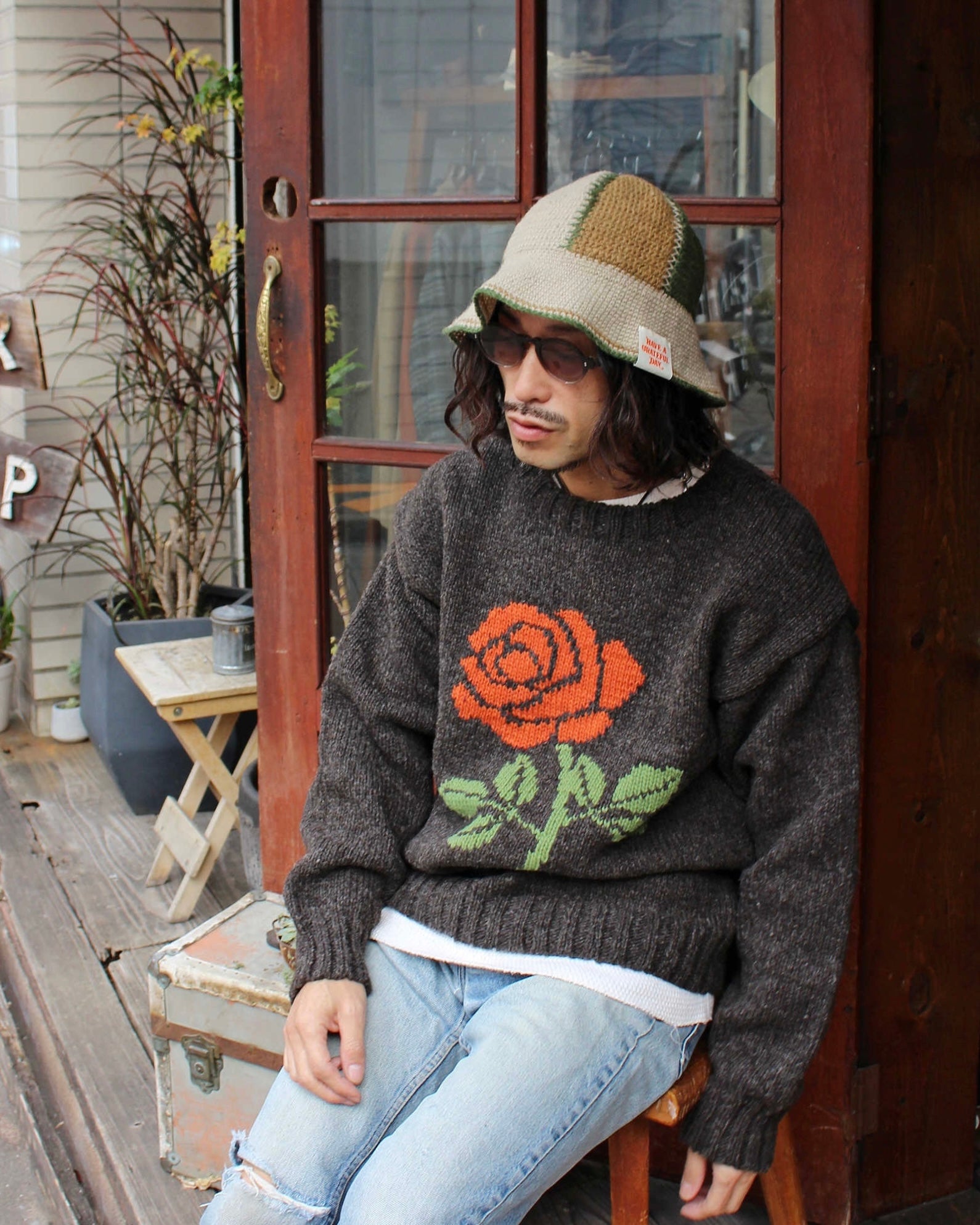 HAVE A GRATEFUL DAY ハブアグレイトフルデイ / ROSE KNIT CREW ローズニットクルー (BROWN ブラウン)
