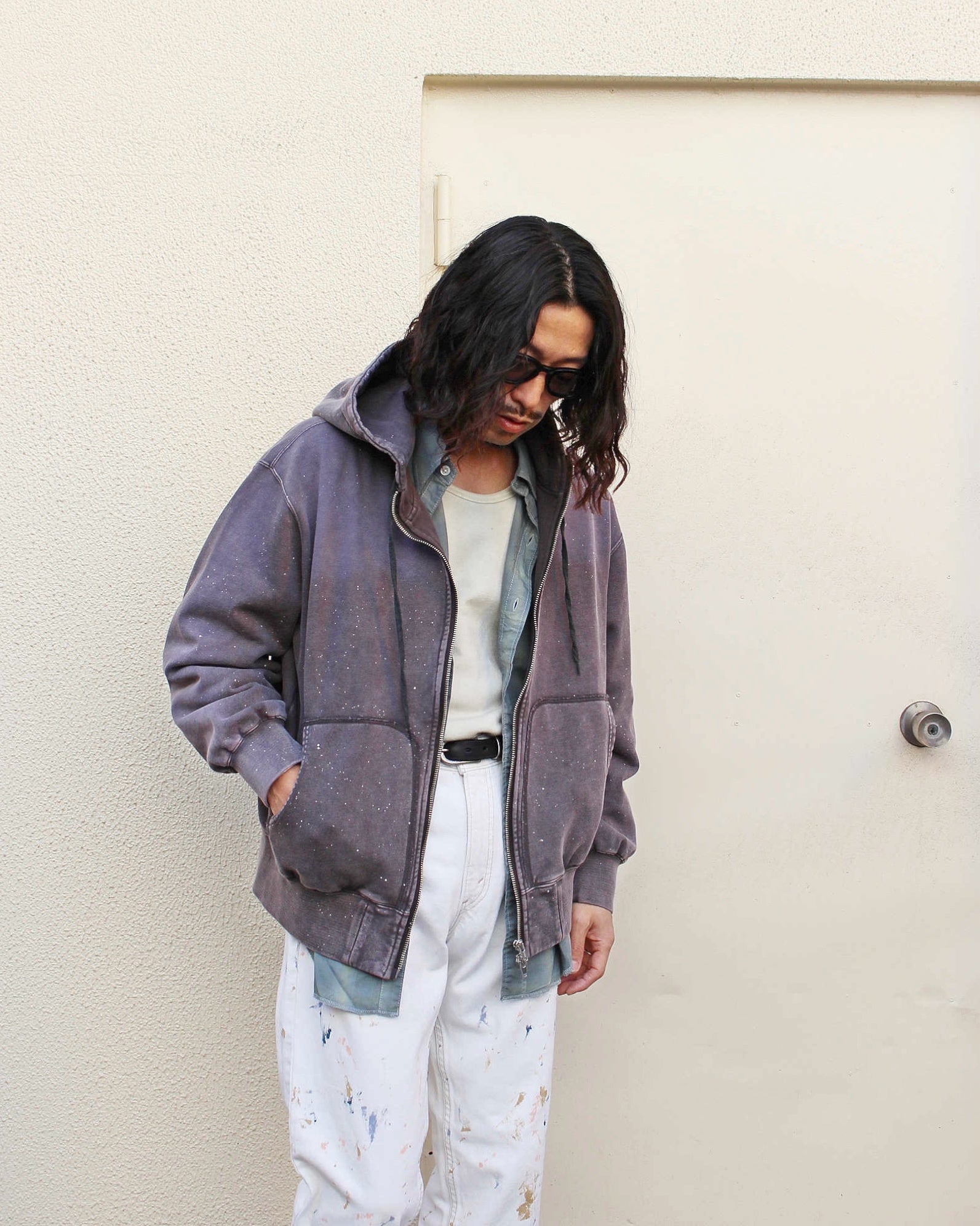 IMPRESTORE インプレストア / Thompson-paint splattered トンプソンペイントスプラッタード| Zip hoodie separate pocket ジップフーディーセパレートポケット (faded Gray Purple グレーパープル)