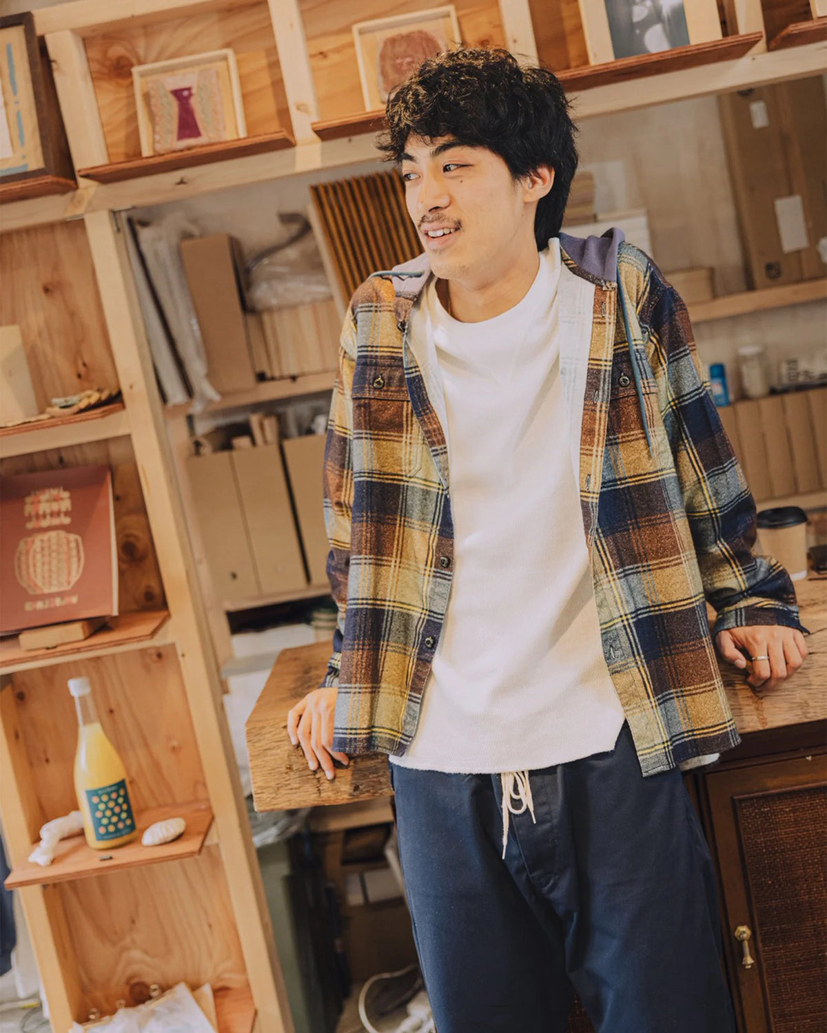 IMPRESTORE インプレストア / Springsteen | Flannel Hooded Shirt フランネルフードシャツ (BROWN×NAVY ブラウンネイビー)