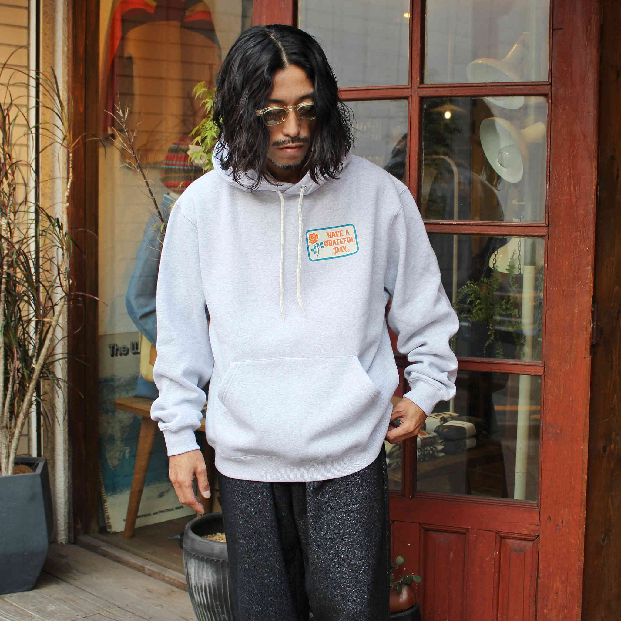 HAVE A GRATEFUL DAY ハブアグレイトフルデイ / HOODIE SWEATSHIRT -BOX LOGO フーディースウェットシャツボックスロゴ (GRAY グレー)