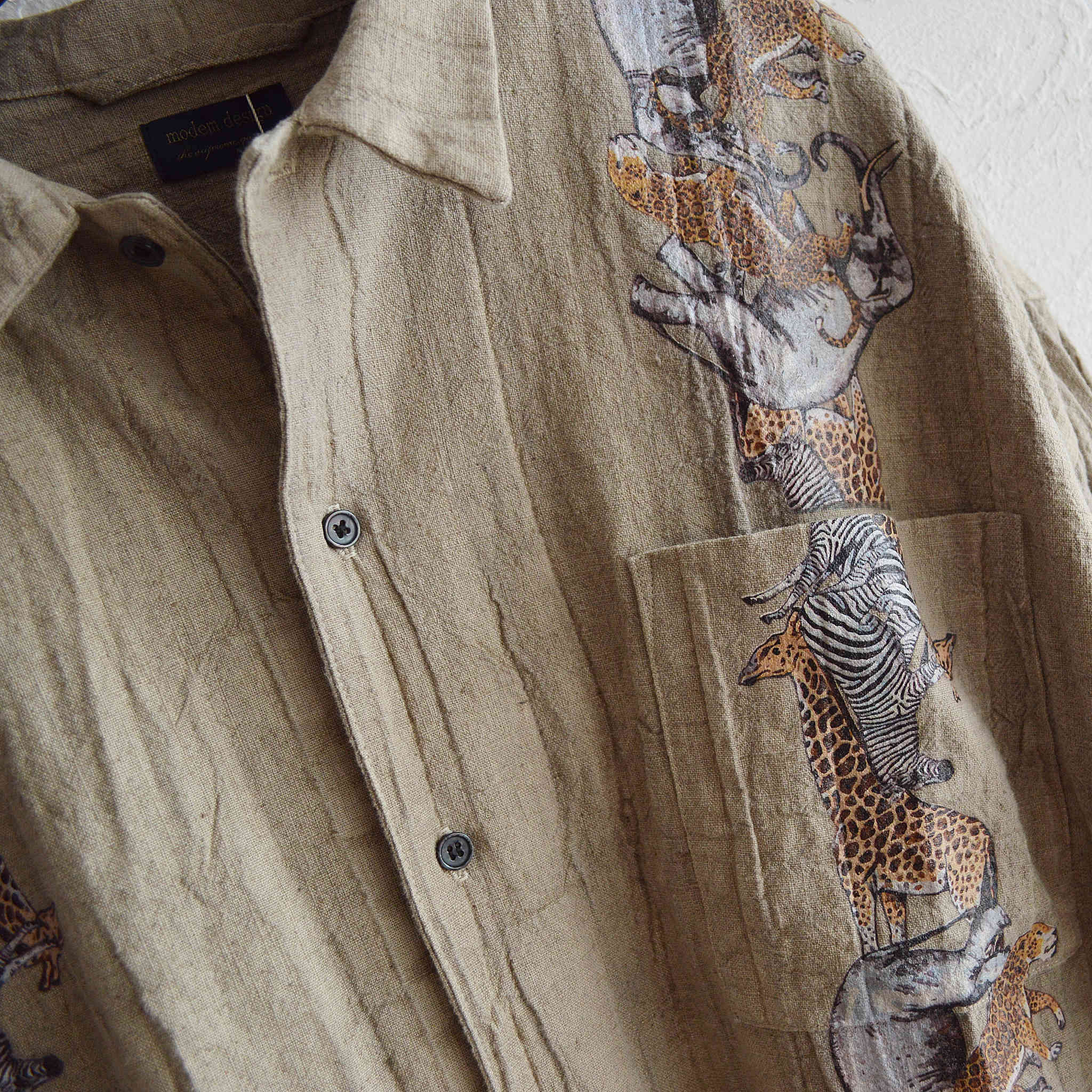 modemdesign モデムデザイン / LINEN MIX ANIMAL CUBAN SHIRT リネンミックスアニマルプリントキューバシャツ (SAND サンド)