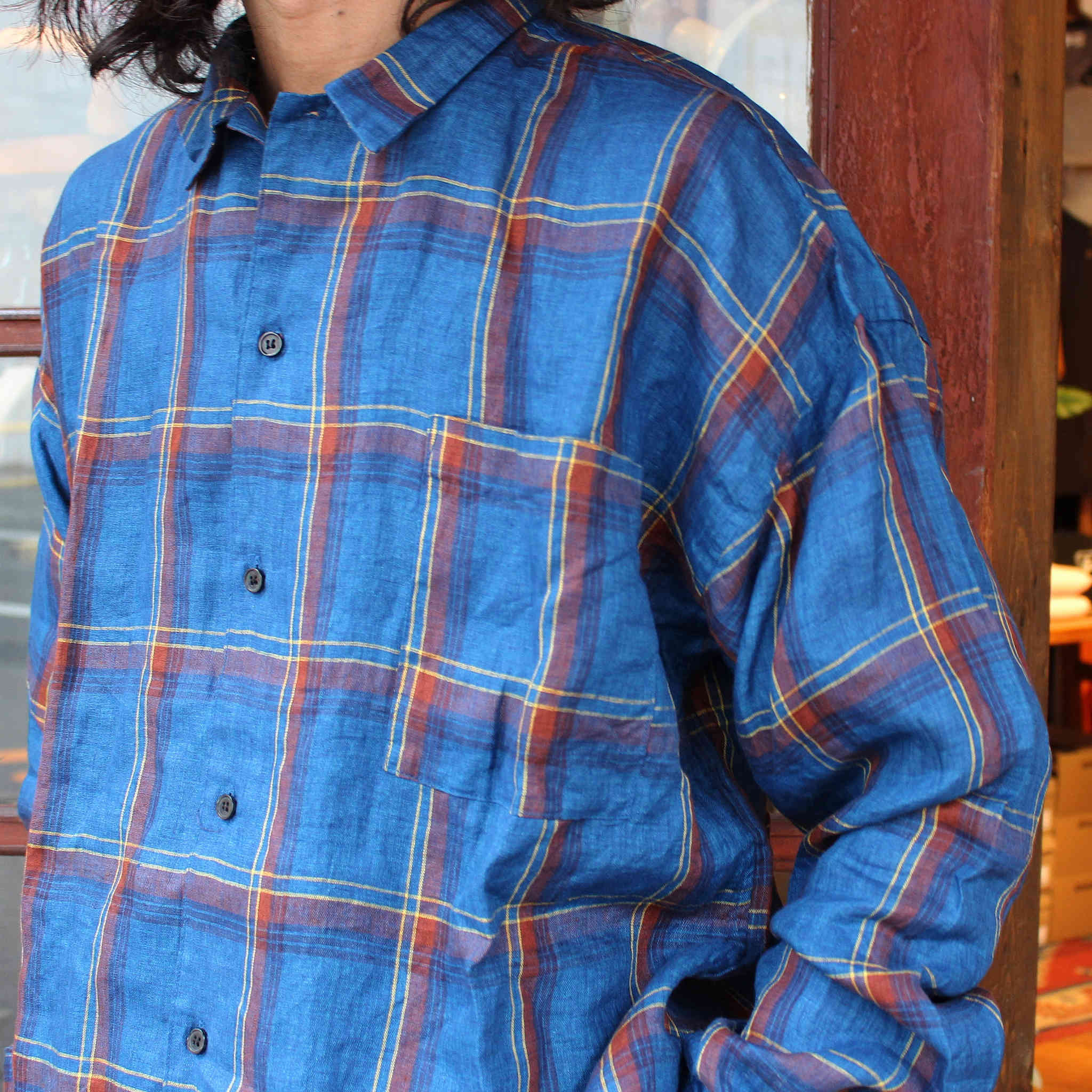 modemdesign モデムデザイン / Linen check shirts リネンチェックシャツ (BLUE ブルー)