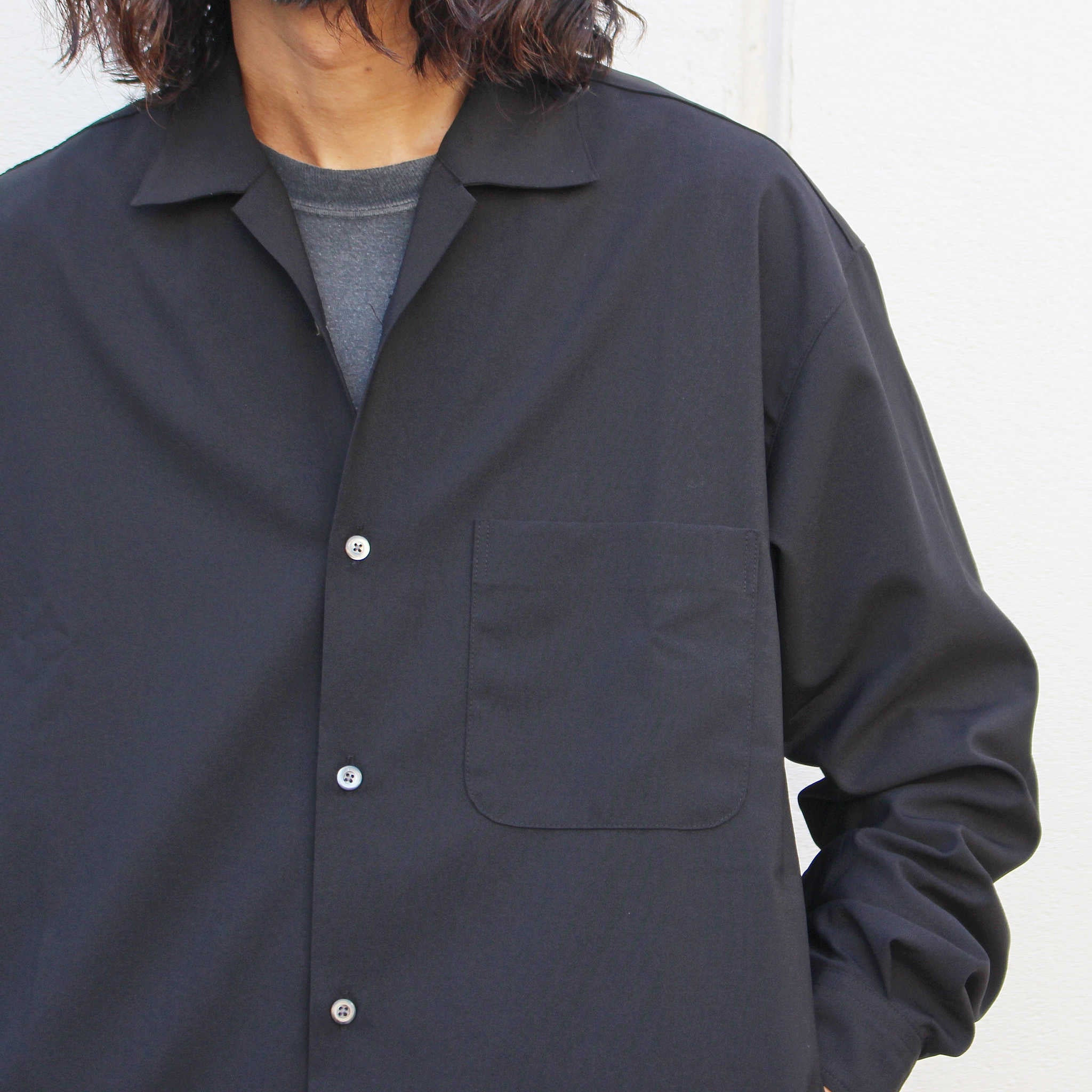 LAMOND ラモンド / OPEN COLLAR SHARI SHIRT オープンカラーシャリシャツ (BLACK ブラック)