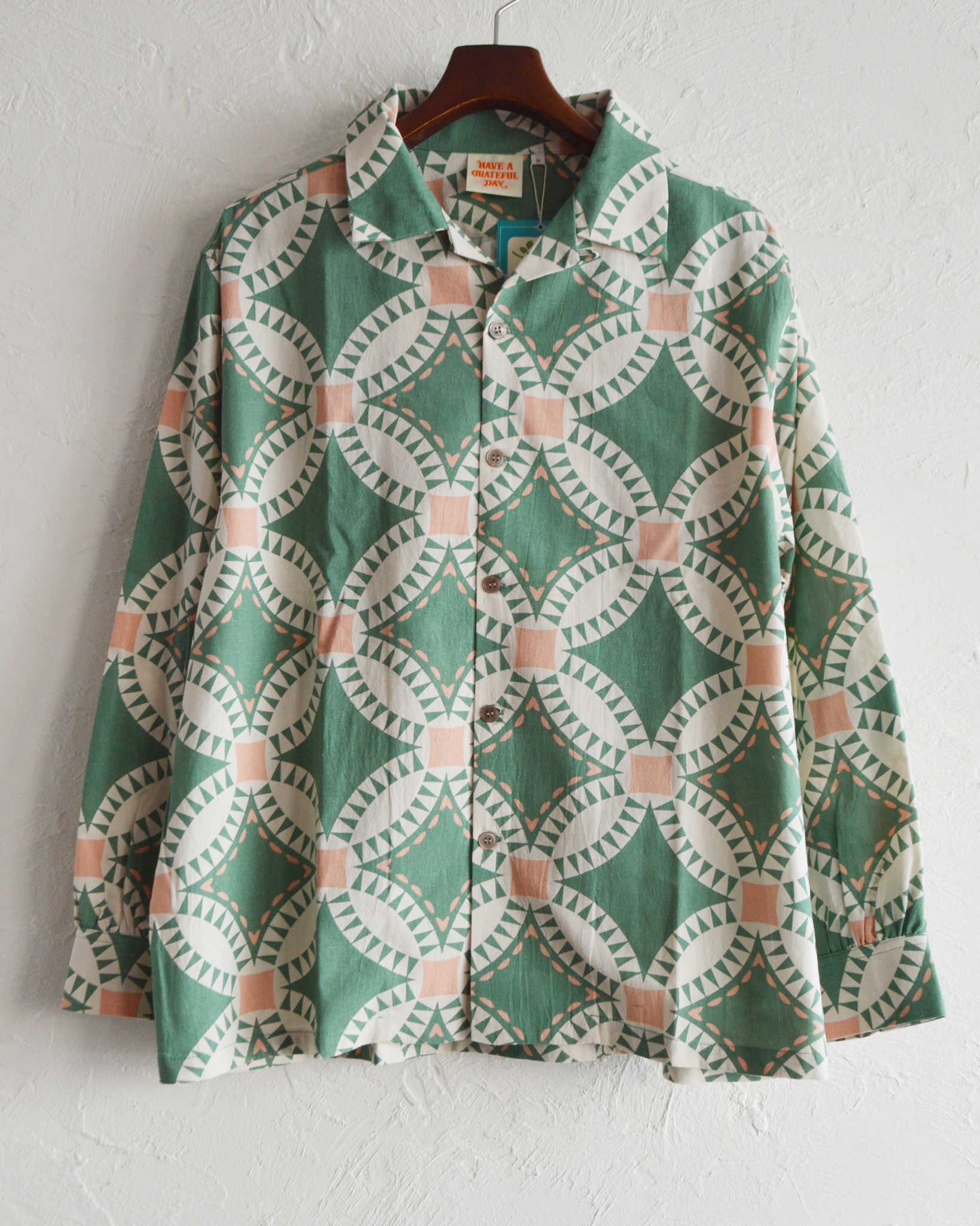 HAVE A GRATEFUL DAY ハブアグレイトフルデイ / OPEN COLLAR L/S SHIRT オープンカラーシャツ (GREEN グリーン)