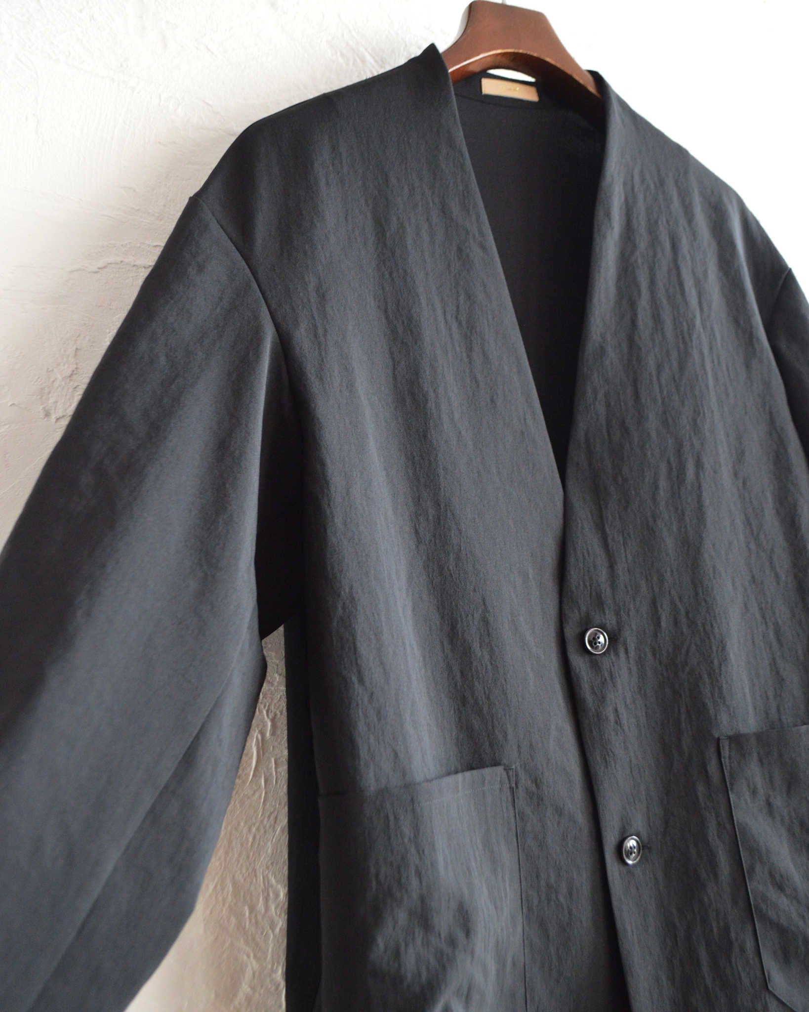 LAMOND ラモンド / NO-COLLAR SHARI JACKET ノーカラーシャリジャケット (BLACK ブラック)