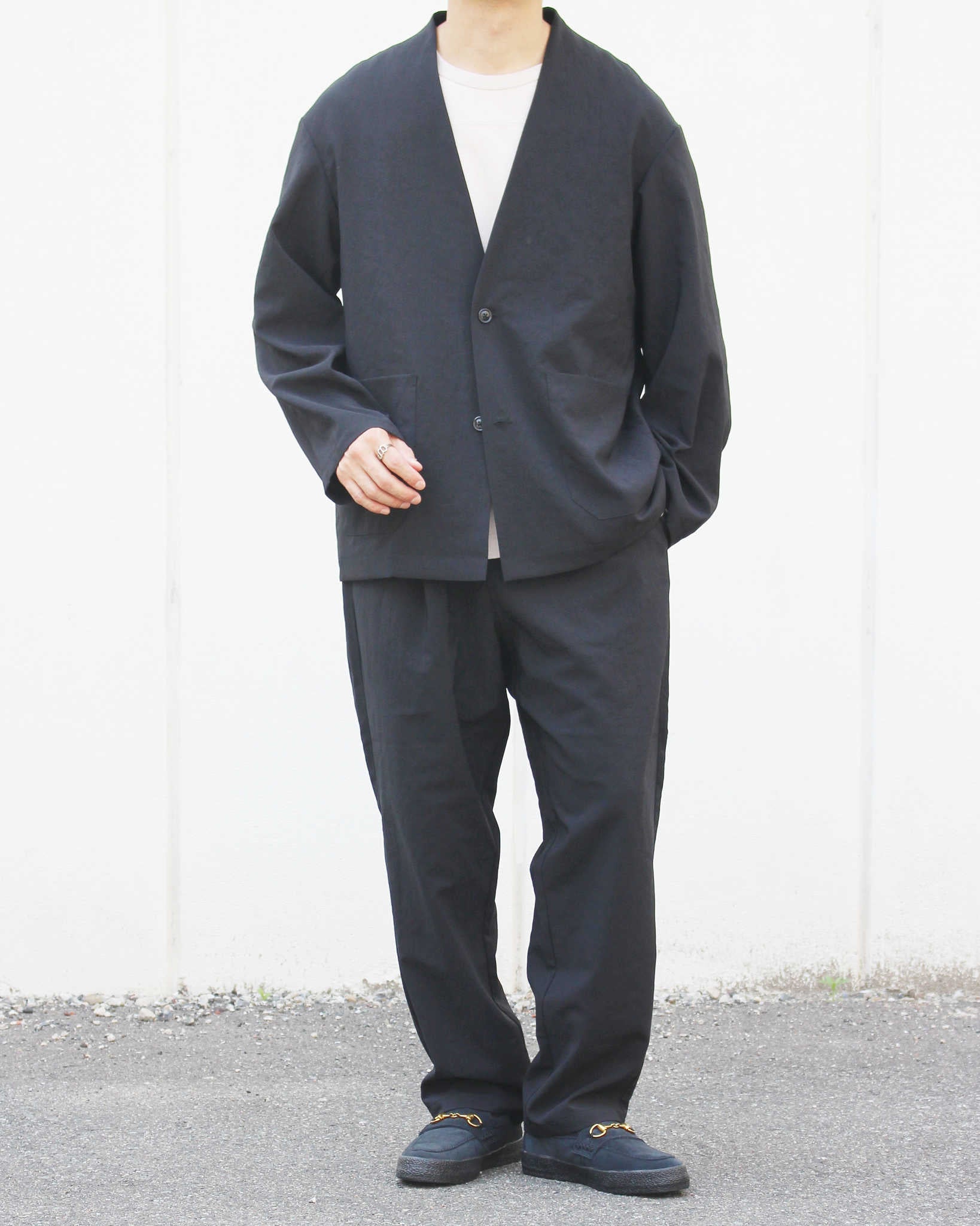 LAMOND ラモンド / NO-COLLAR SHARI JACKET ノーカラーシャリジャケット (BLACK ブラック)