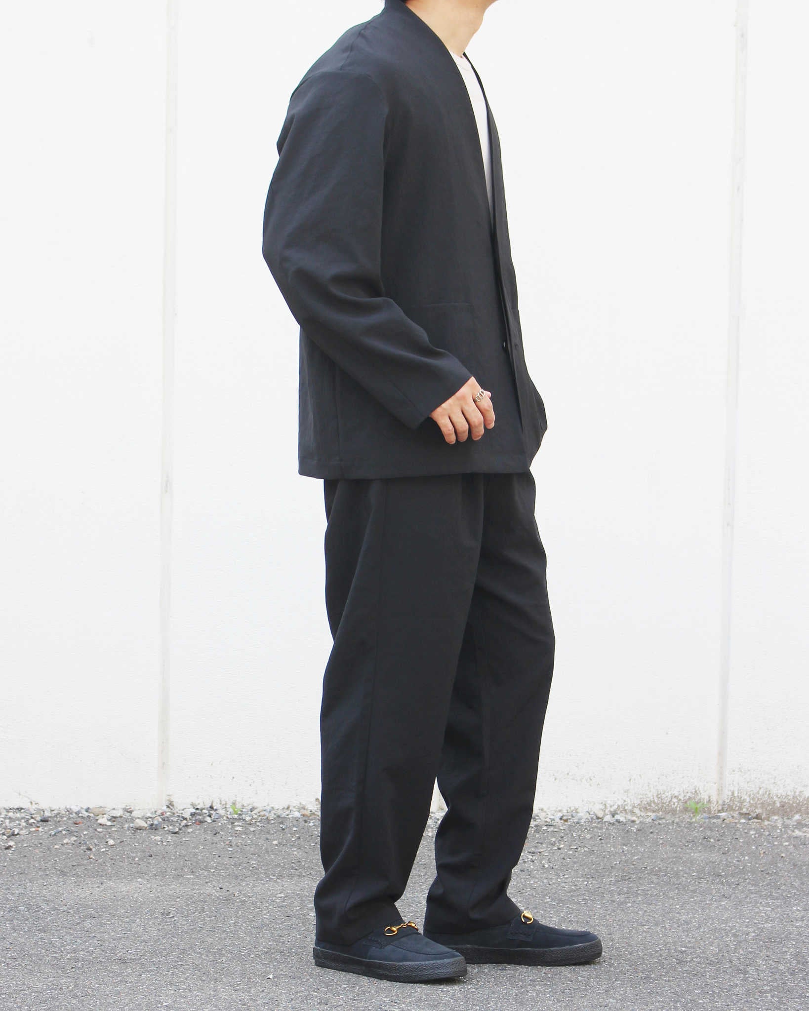 LAMOND ラモンド / NO-COLLAR SHARI JACKET ノーカラーシャリジャケット (BLACK ブラック)