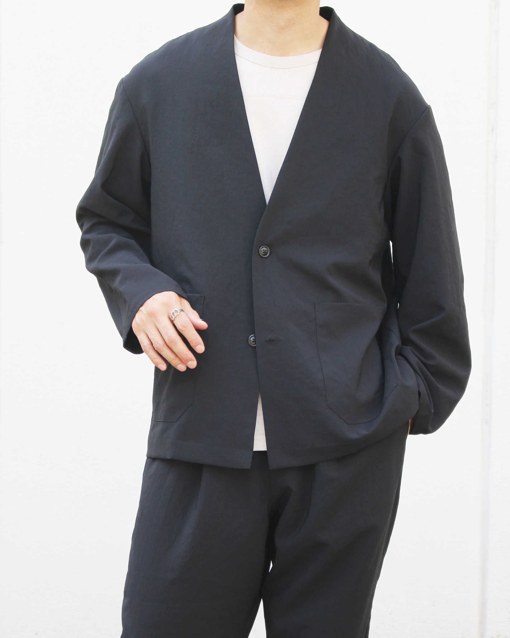 LAMOND ラモンド / NO-COLLAR SHARI JACKET ノーカラーシャリジャケット (BLACK ブラック)