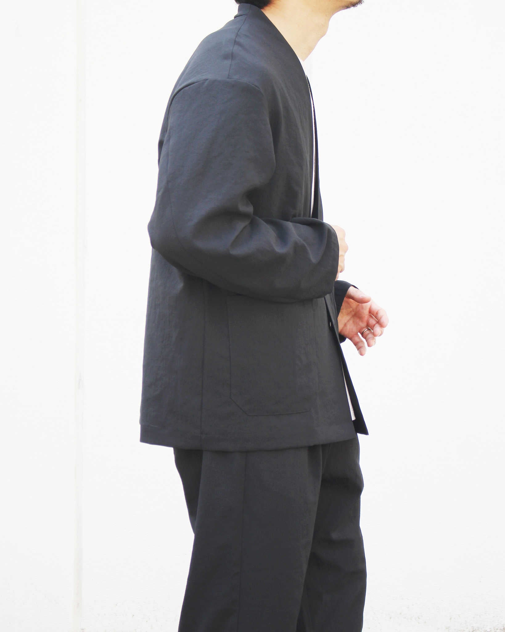 LAMOND ラモンド / NO-COLLAR SHARI JACKET ノーカラーシャリジャケット (BLACK ブラック)