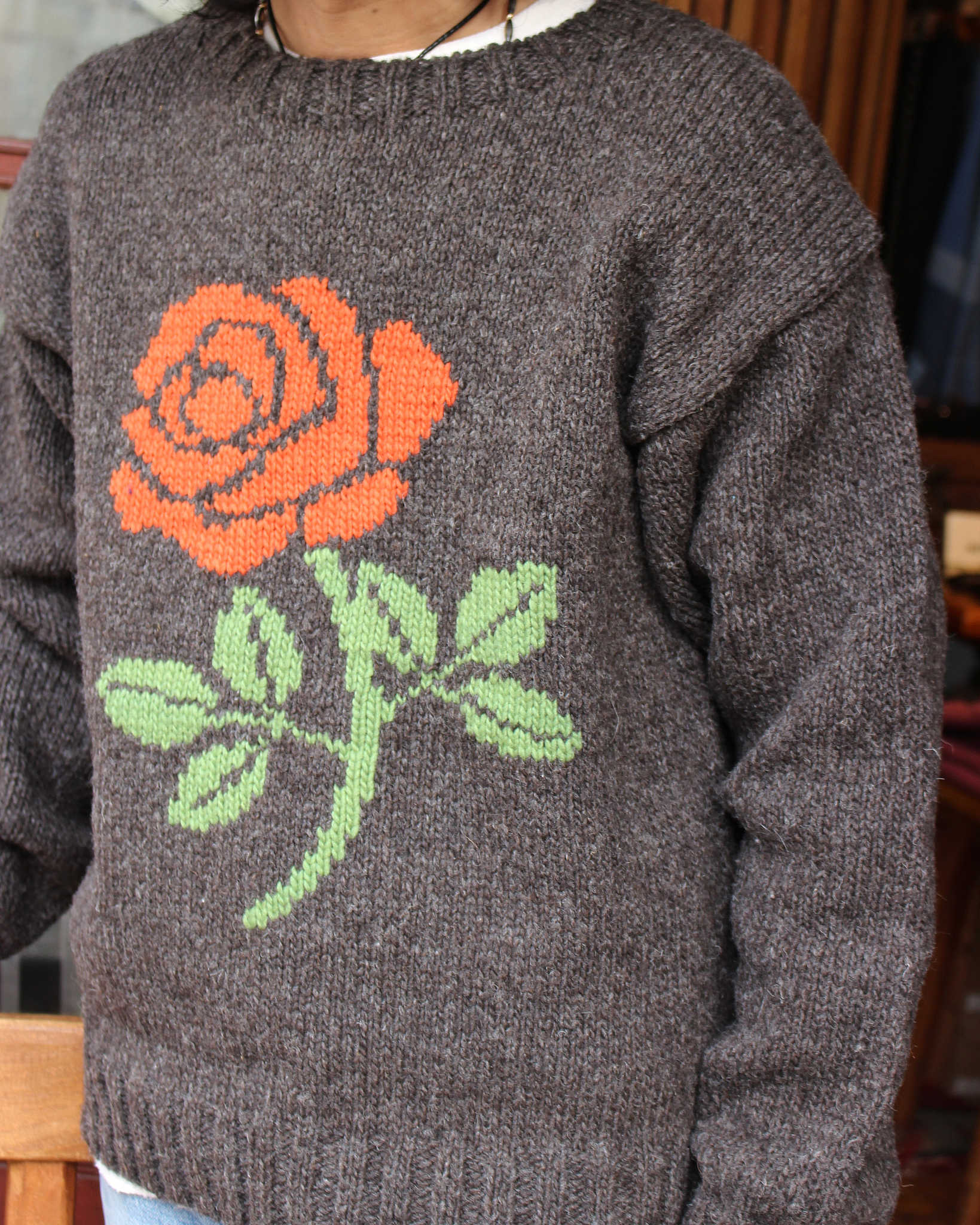 HAVE A GRATEFUL DAY ハブアグレイトフルデイ / ROSE KNIT CREW ローズニットクルー (BROWN ブラウン)