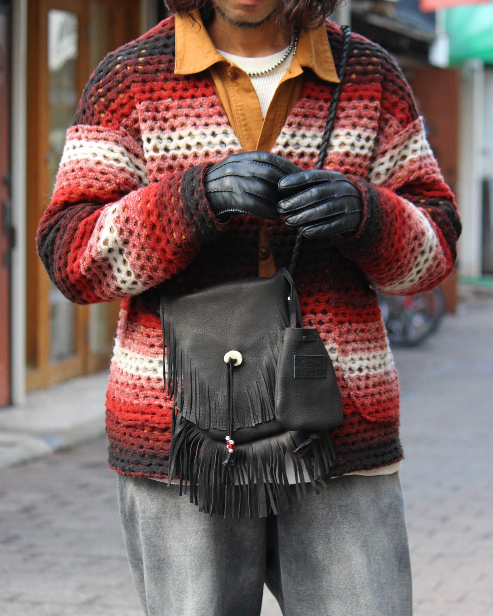 Nasngwam.×EARLYMORNING ナスングワム アーリーモーニング / DOUBLE FRINGE SHOULDER ダブルフリンジショルダー (BLACK ブラック)