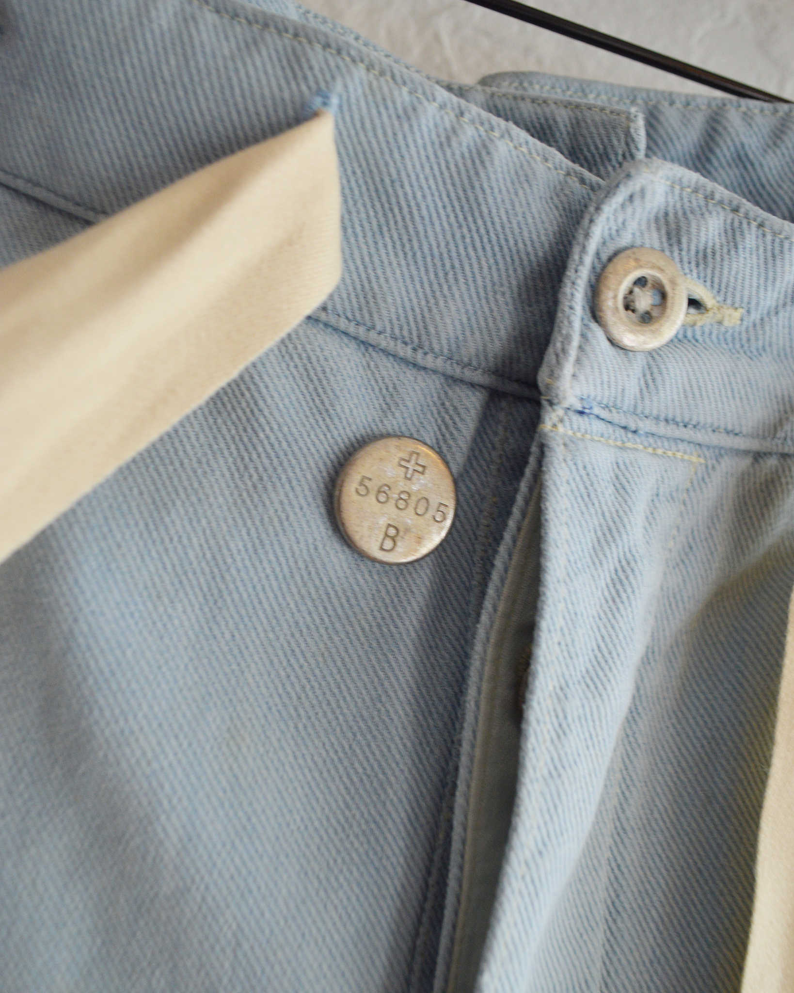 1950'S SWISS MILITARY DENIM TROUSERS REMAKE SUPER BLEACH & WAIST CORD+POCKET スイスミリタリーデニムトラウザーズスーパーブリーチウエストコードプラスポケット