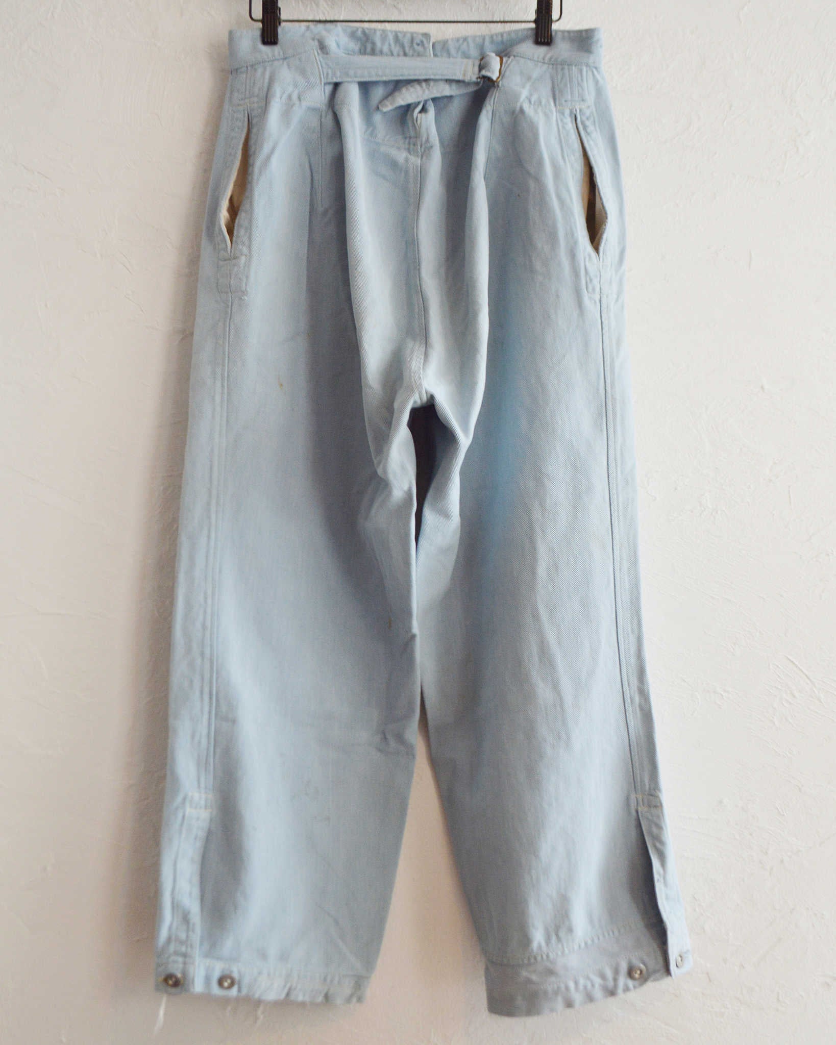 1950'S SWISS MILITARY DENIM TROUSERS REMAKE SUPER BLEACH & WAIST CORD+POCKET スイスミリタリーデニムトラウザーズスーパーブリーチウエストコードプラスポケット