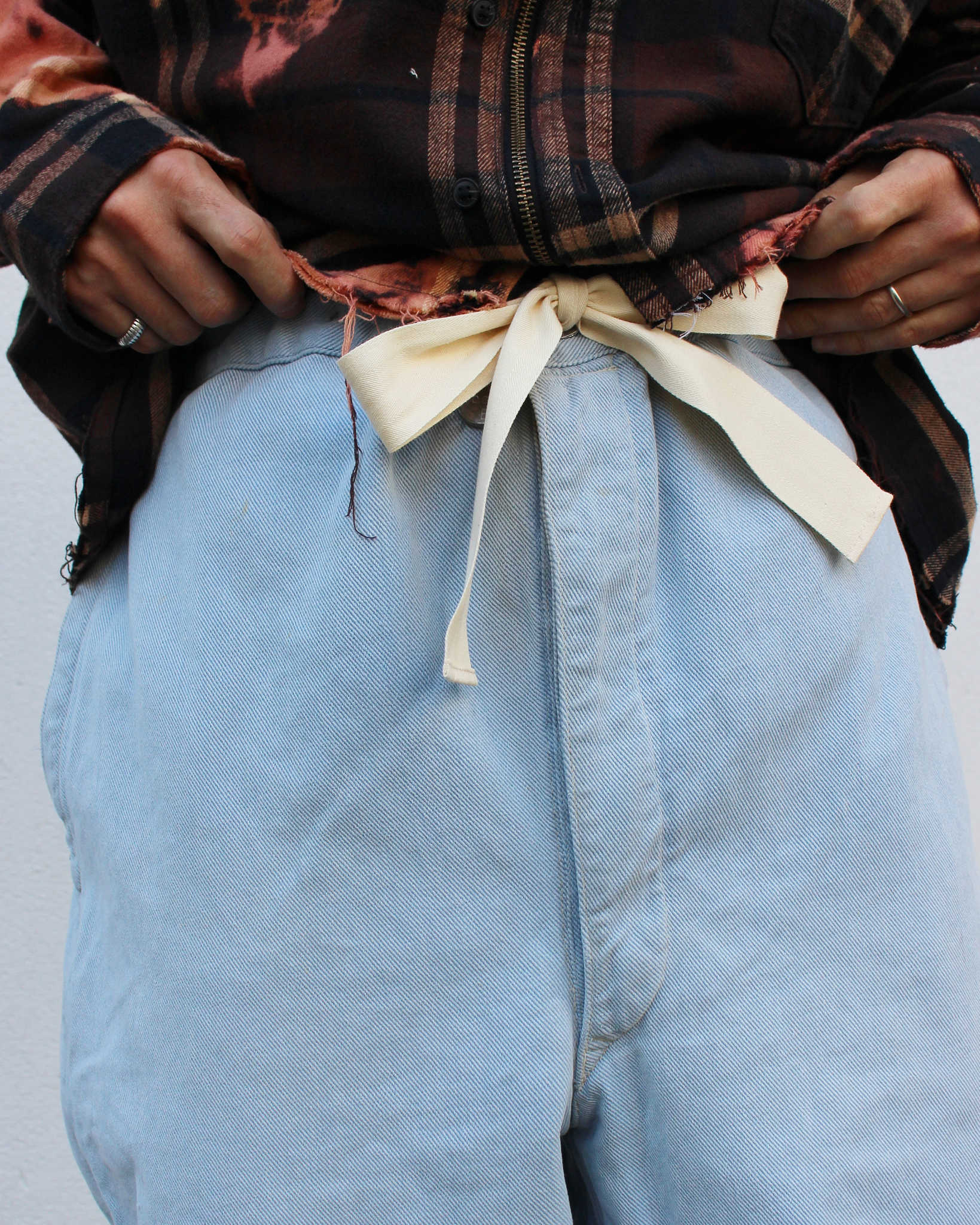 1950'S SWISS MILITARY DENIM TROUSERS REMAKE SUPER BLEACH & WAIST CORD+POCKET スイスミリタリーデニムトラウザーズスーパーブリーチウエストコードプラスポケット