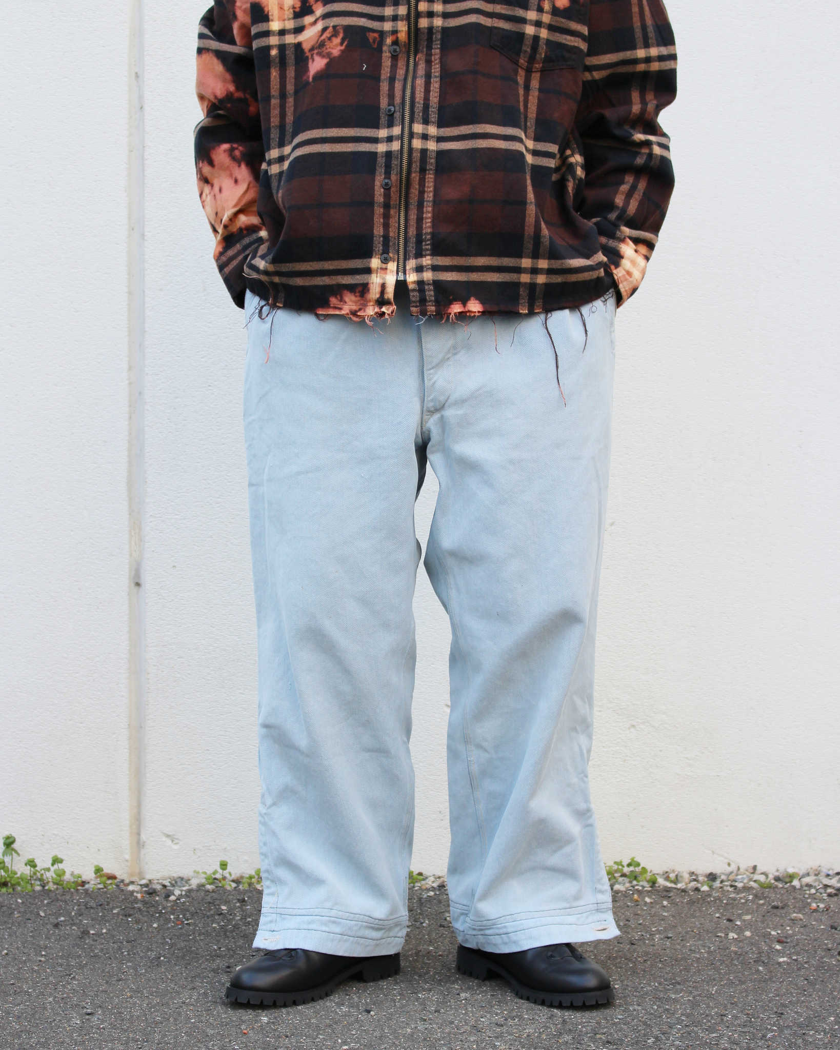 1950'S SWISS MILITARY DENIM TROUSERS REMAKE SUPER BLEACH & WAIST CORD+POCKET スイスミリタリーデニムトラウザーズスーパーブリーチウエストコードプラスポケット