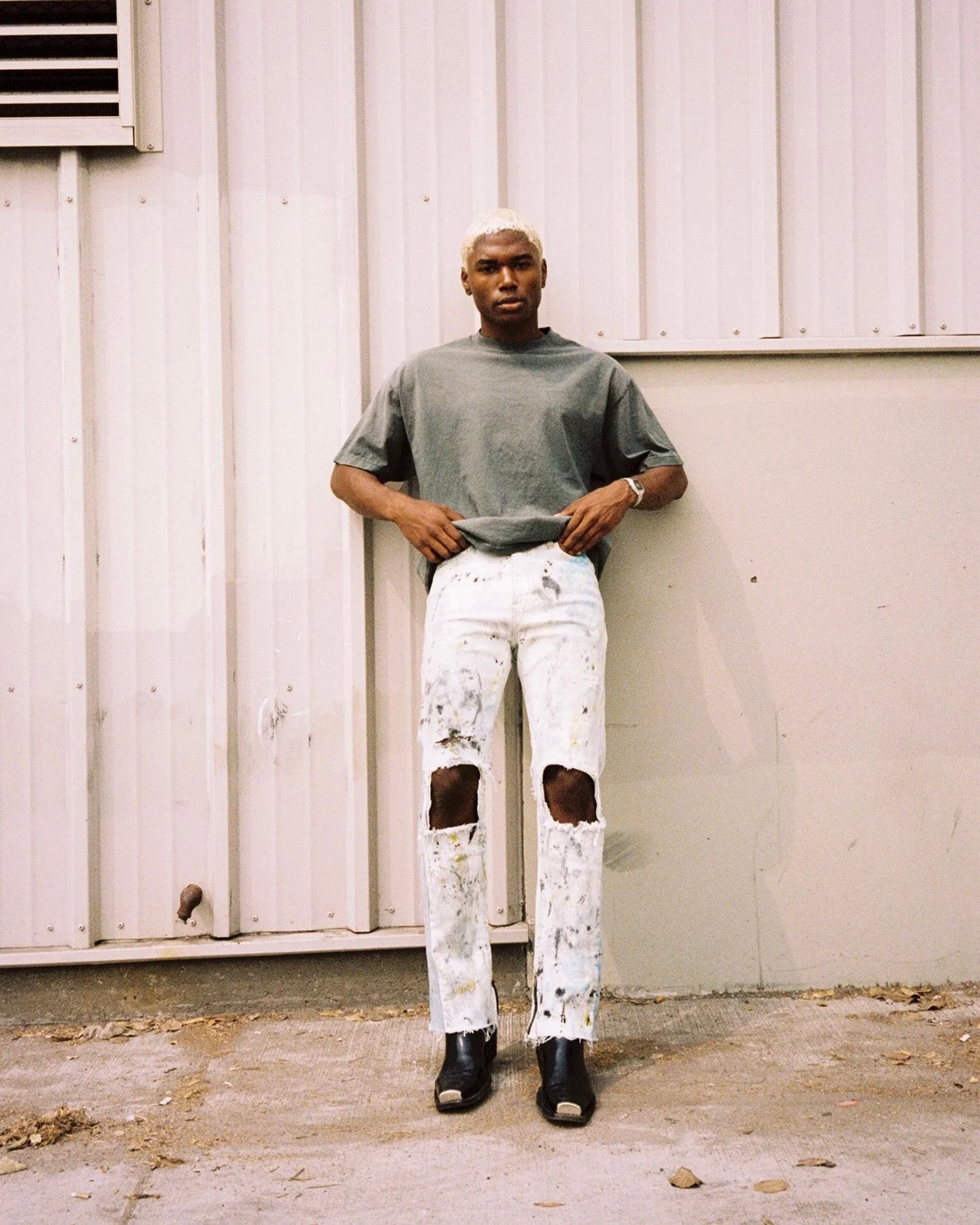 MOOJIMOOJI ムージームージー / OVERSIZE CROP T-SHIRTS AGED オーバーサイズドクロップティーシャツエイジド (OLIVE GREEN オリーブグリーン)