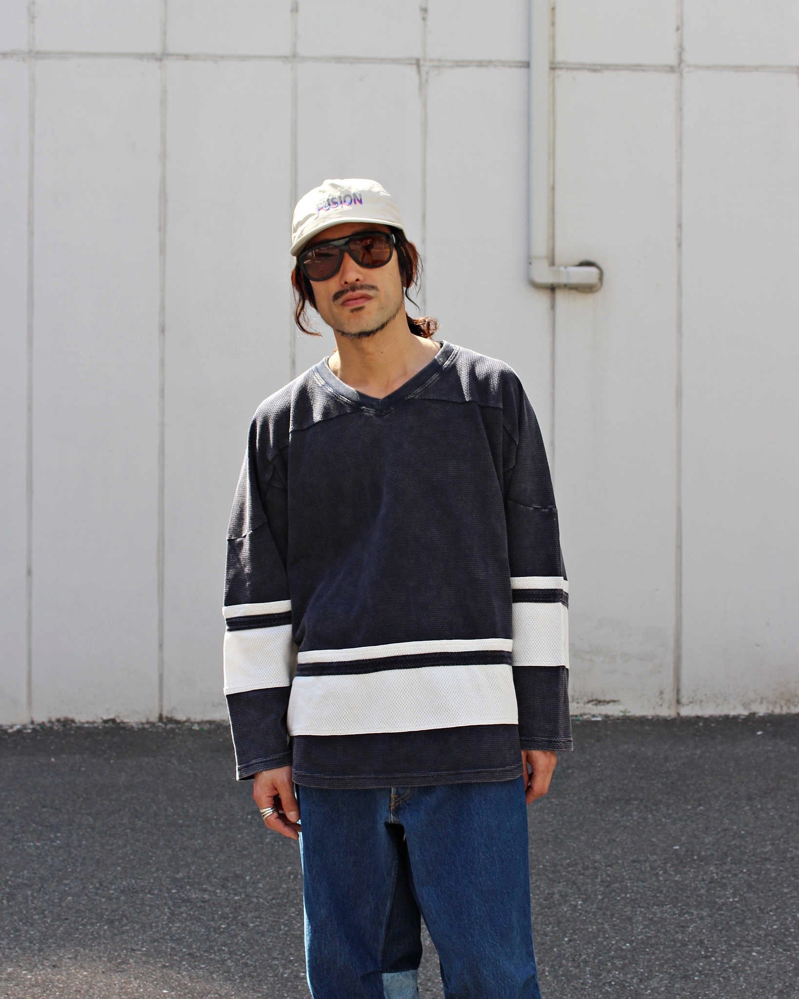 IMPRESTORE インプレストア / Duke-mesh t-cloth V.D デューク | Hokey V-neck ホッケーVネック (faded Navy フェイデットネイビー)