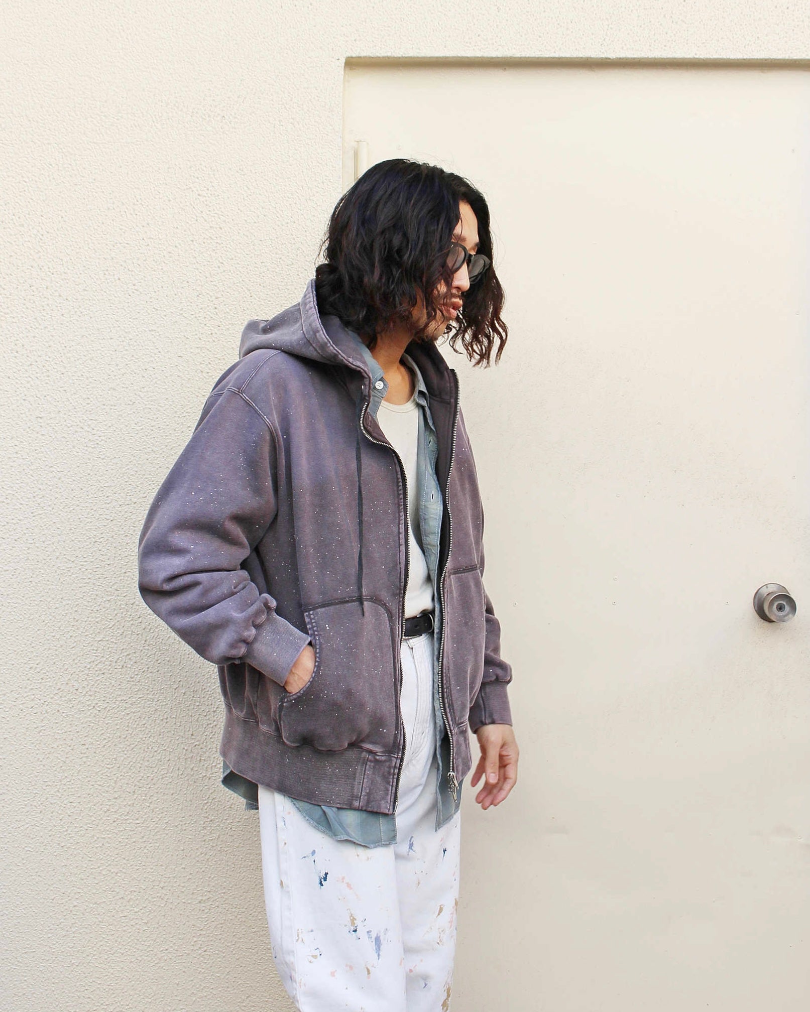 IMPRESTORE インプレストア / Thompson-paint splattered トンプソンペイントスプラッタード| Zip hoodie separate pocket ジップフーディーセパレートポケット (faded Gray Purple グレーパープル)