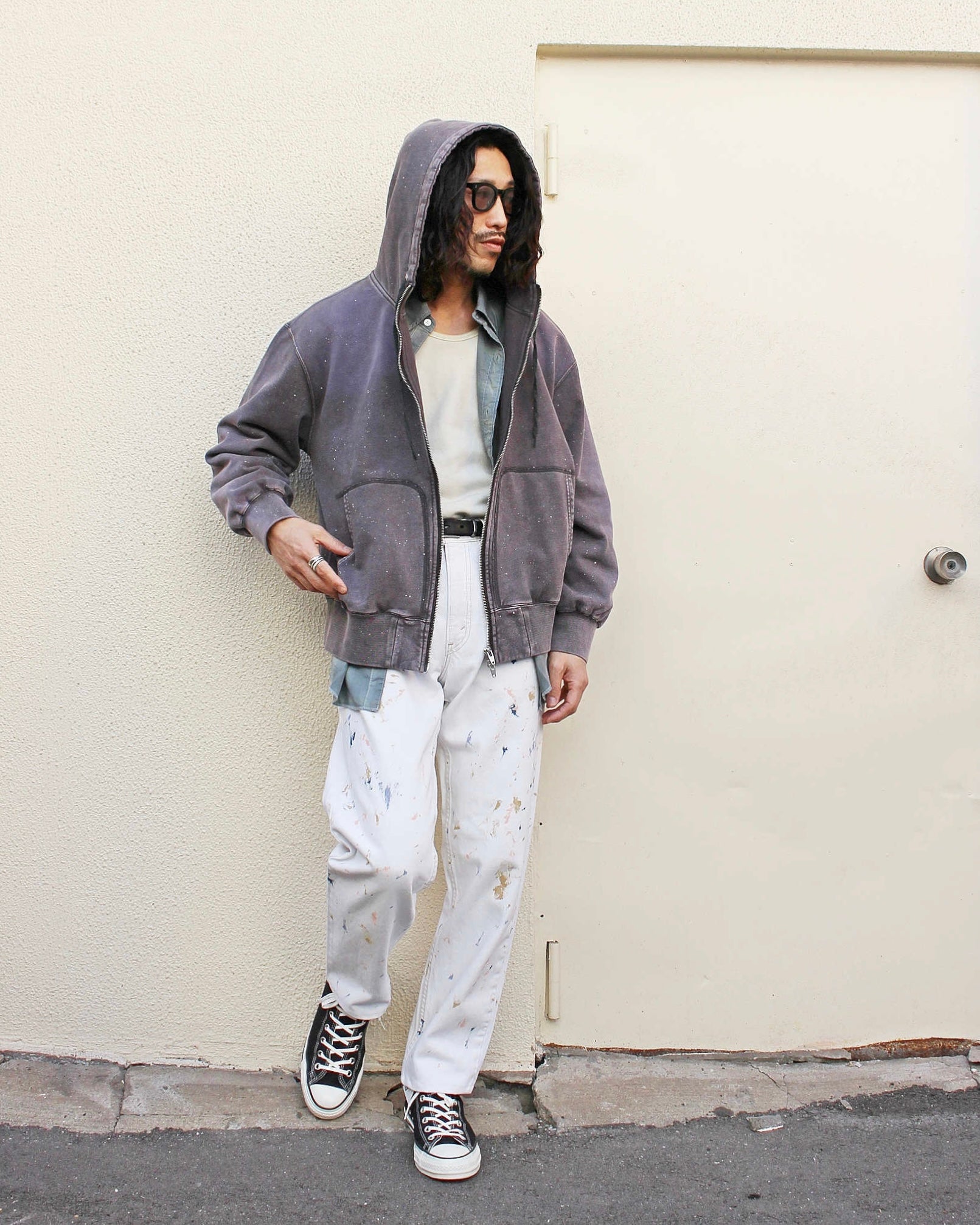 IMPRESTORE インプレストア / Thompson-paint splattered トンプソンペイントスプラッタード| Zip hoodie separate pocket ジップフーディーセパレートポケット (faded Gray Purple グレーパープル)