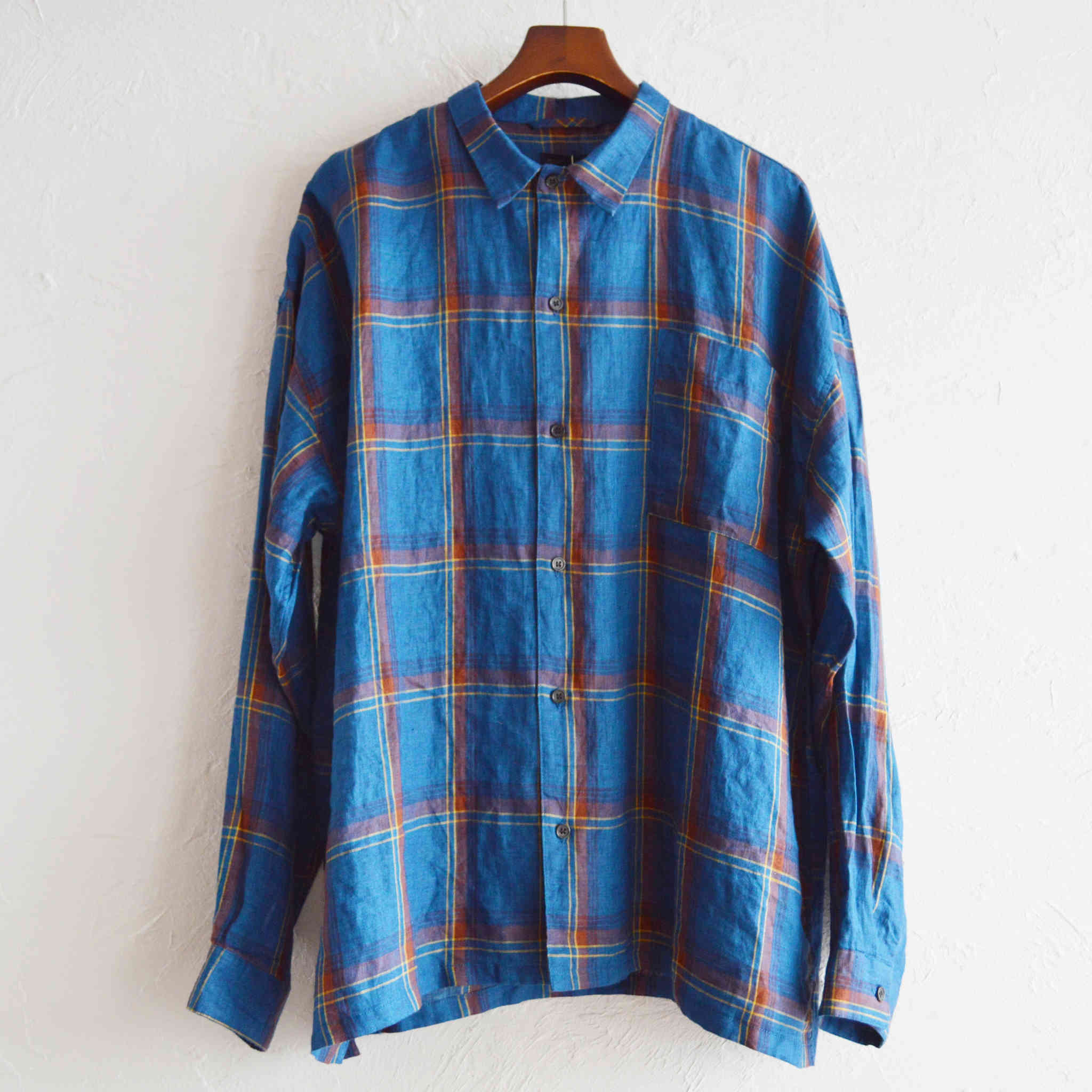 modemdeisgn モデムデザイン / Linen check shirts リネンチェックシャツ (BLUE ブルー)