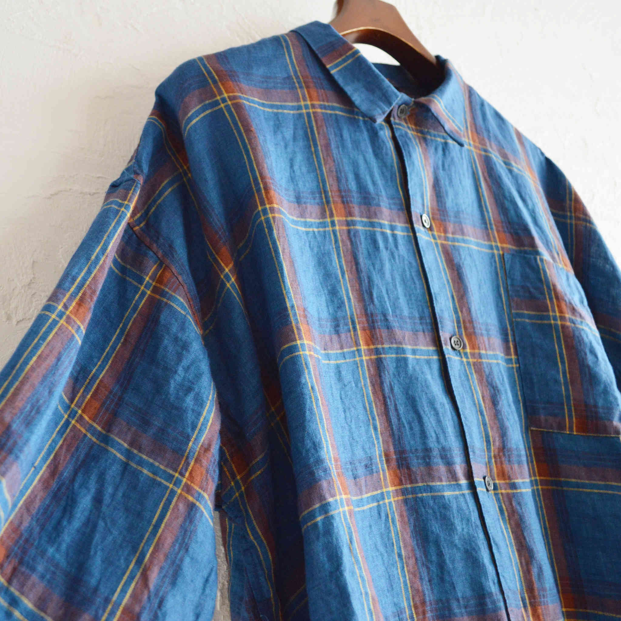 modemdesign モデムデザイン / Linen check shirts リネンチェックシャツ (BLUE ブルー)