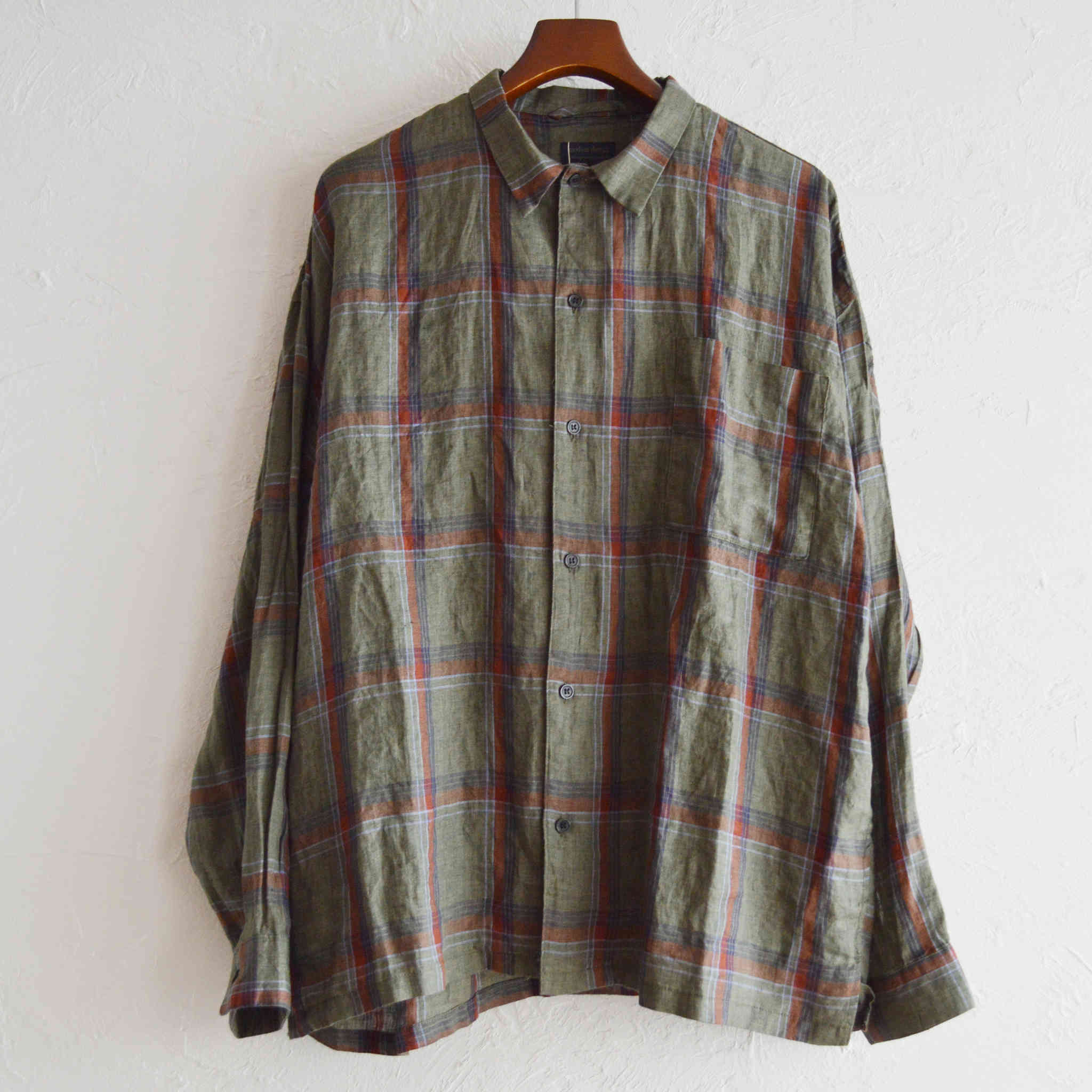 modemdesign モデムデザイン / Linen check shirts リネンチェックシャツ (KHAKI カーキ)