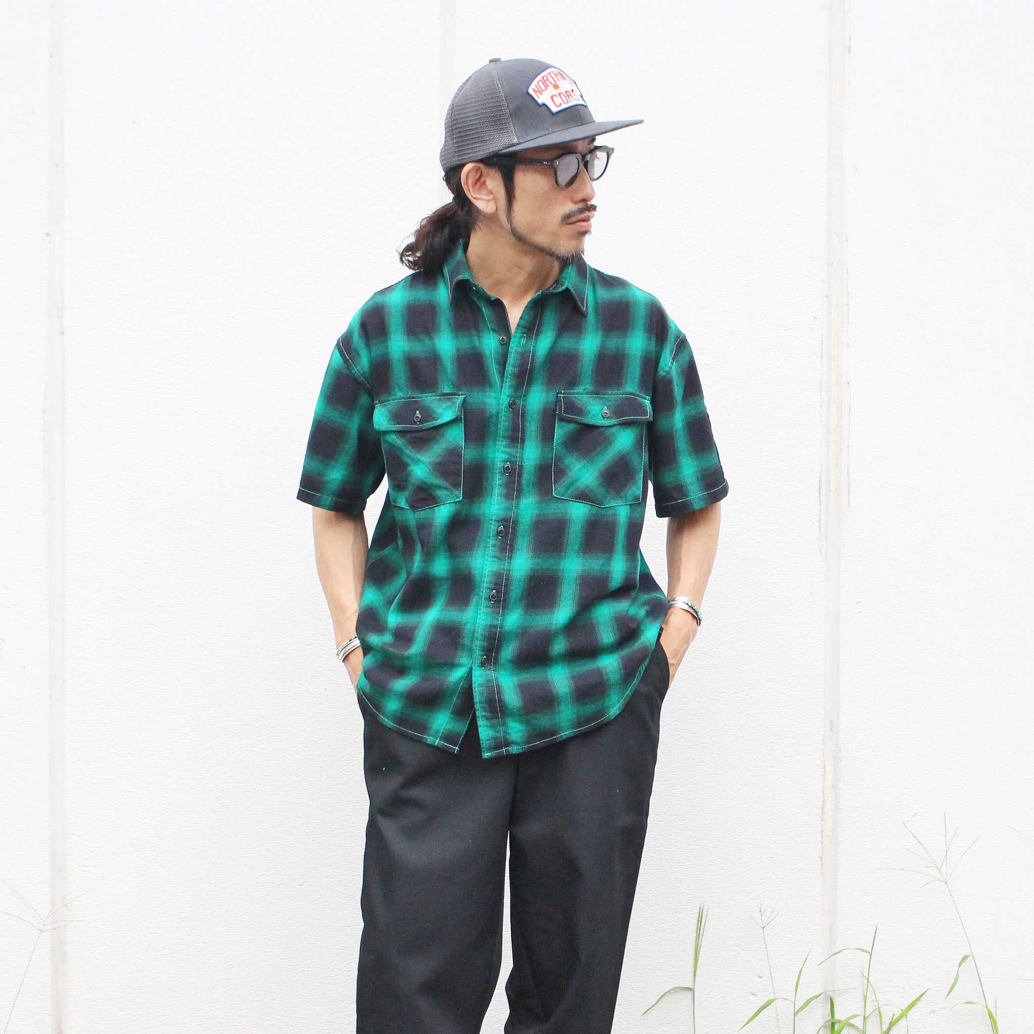 modemdesign モデムデザイン / Ombre check wide shirts オンブレチェックワイドシャツ (GREEN グリーン)