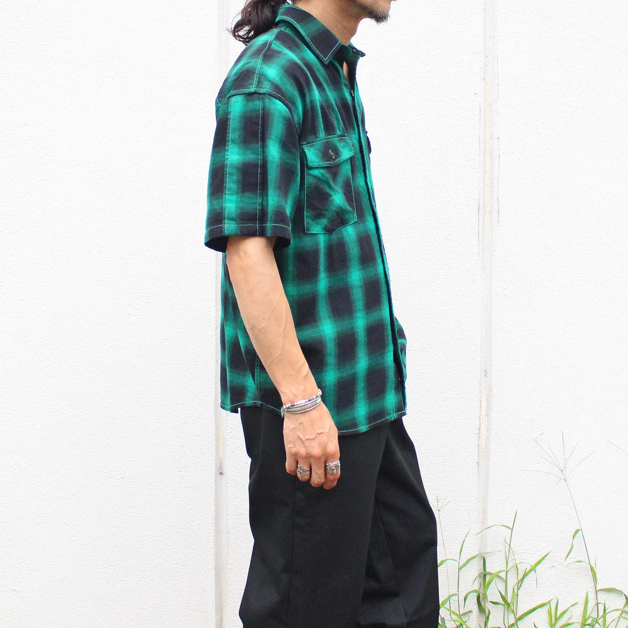 modemdesign モデムデザイン / Ombre check wide shirts オンブレチェックワイドシャツ (GREEN グリーン)