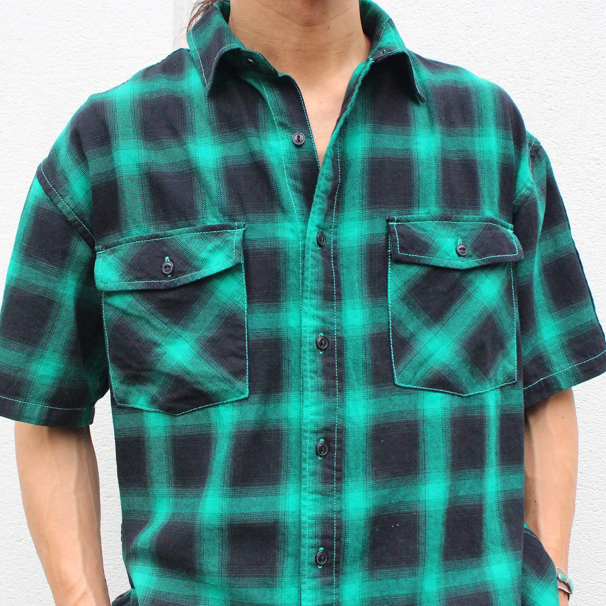 modemdesign モデムデザイン / Ombre check wide shirts オンブレチェックワイドシャツ (GREEN グリーン)