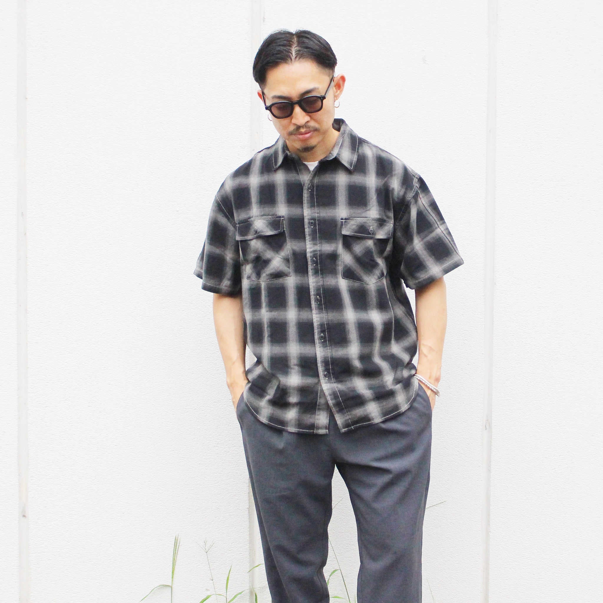 modemdesign モデムデザイン / Ombre check wide shirts オンブレチェックワイドシャツ (CHARCOAL チャコール)