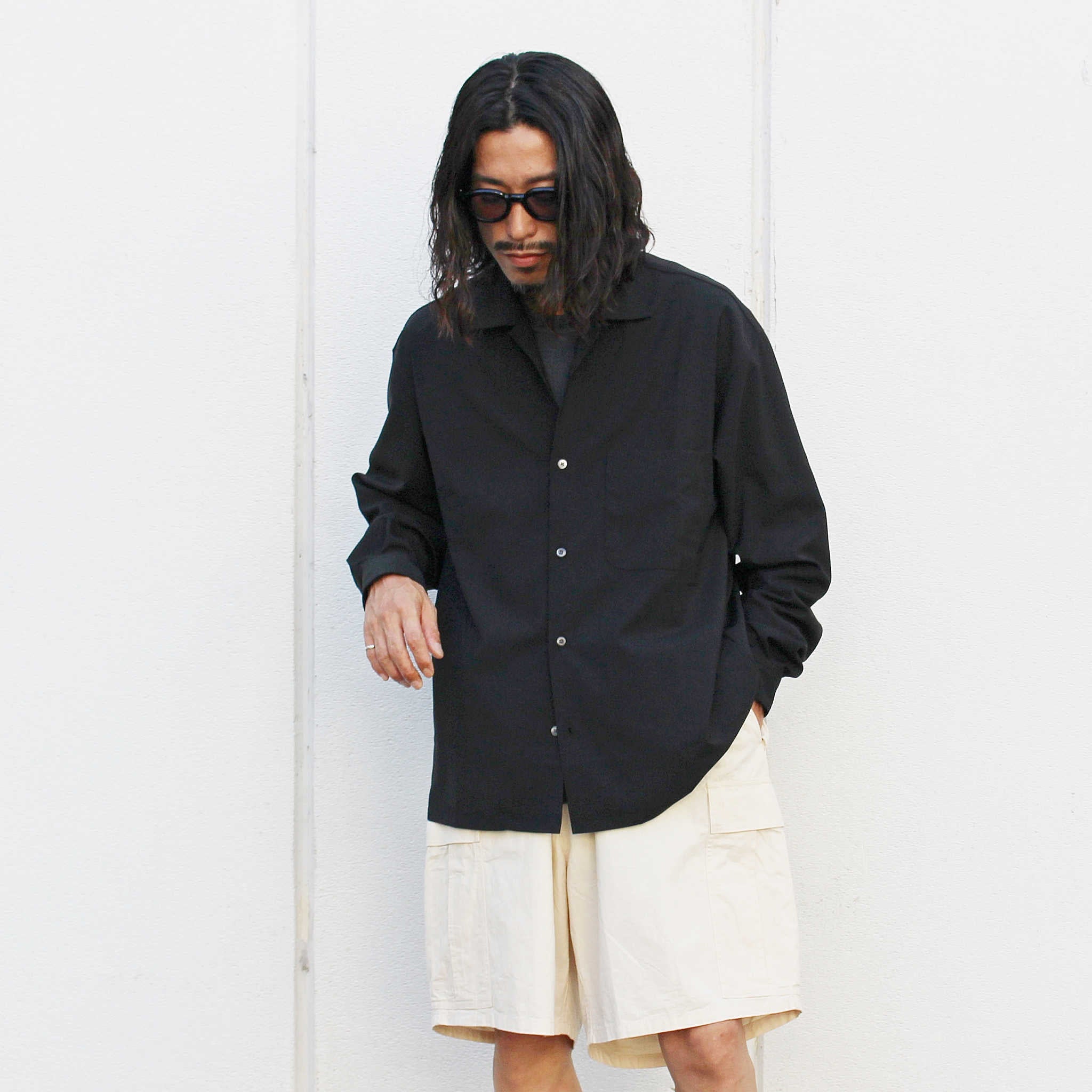 LAMOND ラモンド / OPEN COLLAR SHARI SHIRT オープンカラーシャリシャツ (BLACK ブラック)