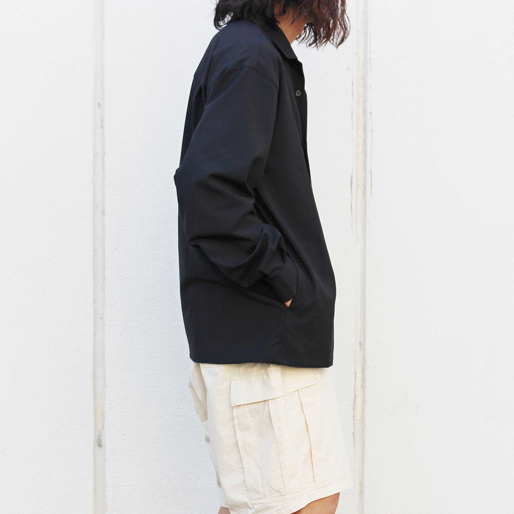 LAMOND ラモンド / OPEN COLLAR SHARI SHIRT オープンカラーシャリシャツ (BLACK ブラック)