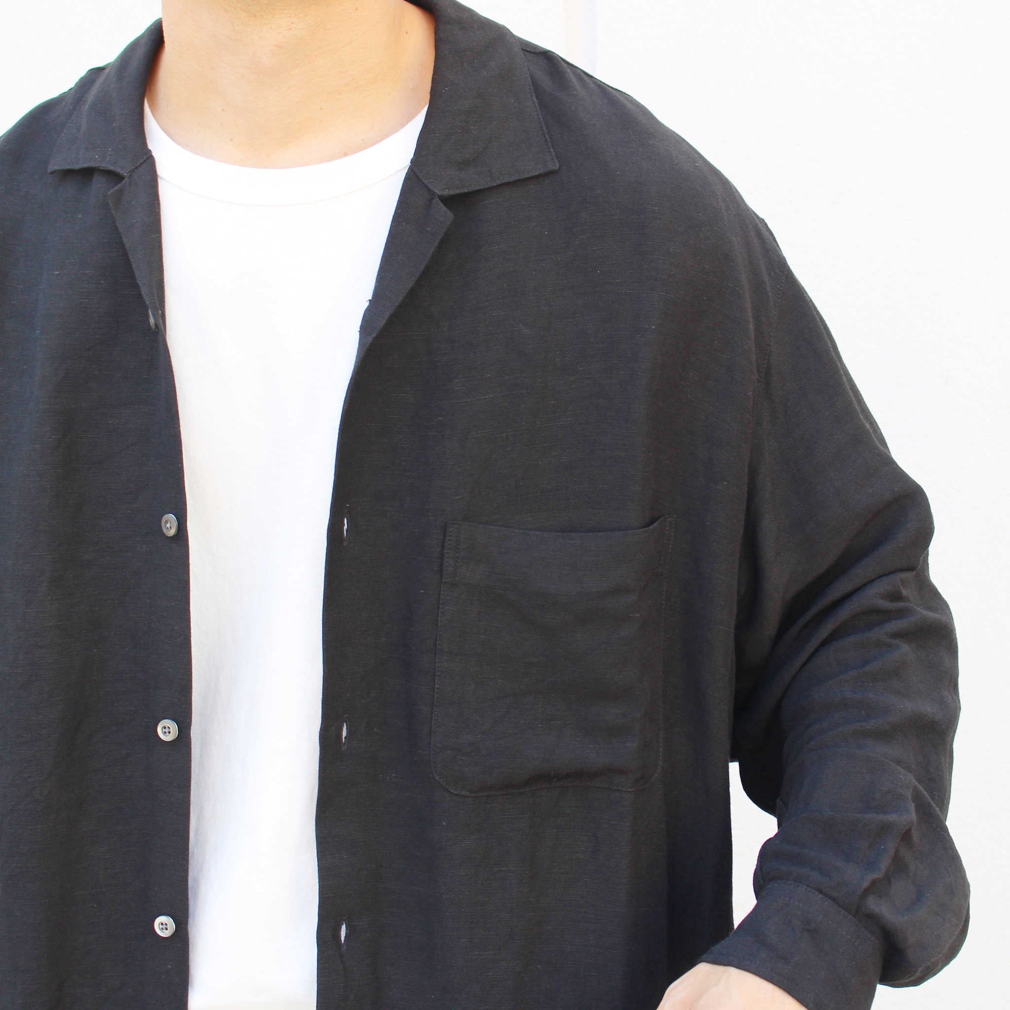 LAMOND ラモンド / OPEN COLLAR LINEN SHIRT オープンカラーリネンシャツ (BLACK ブラック)