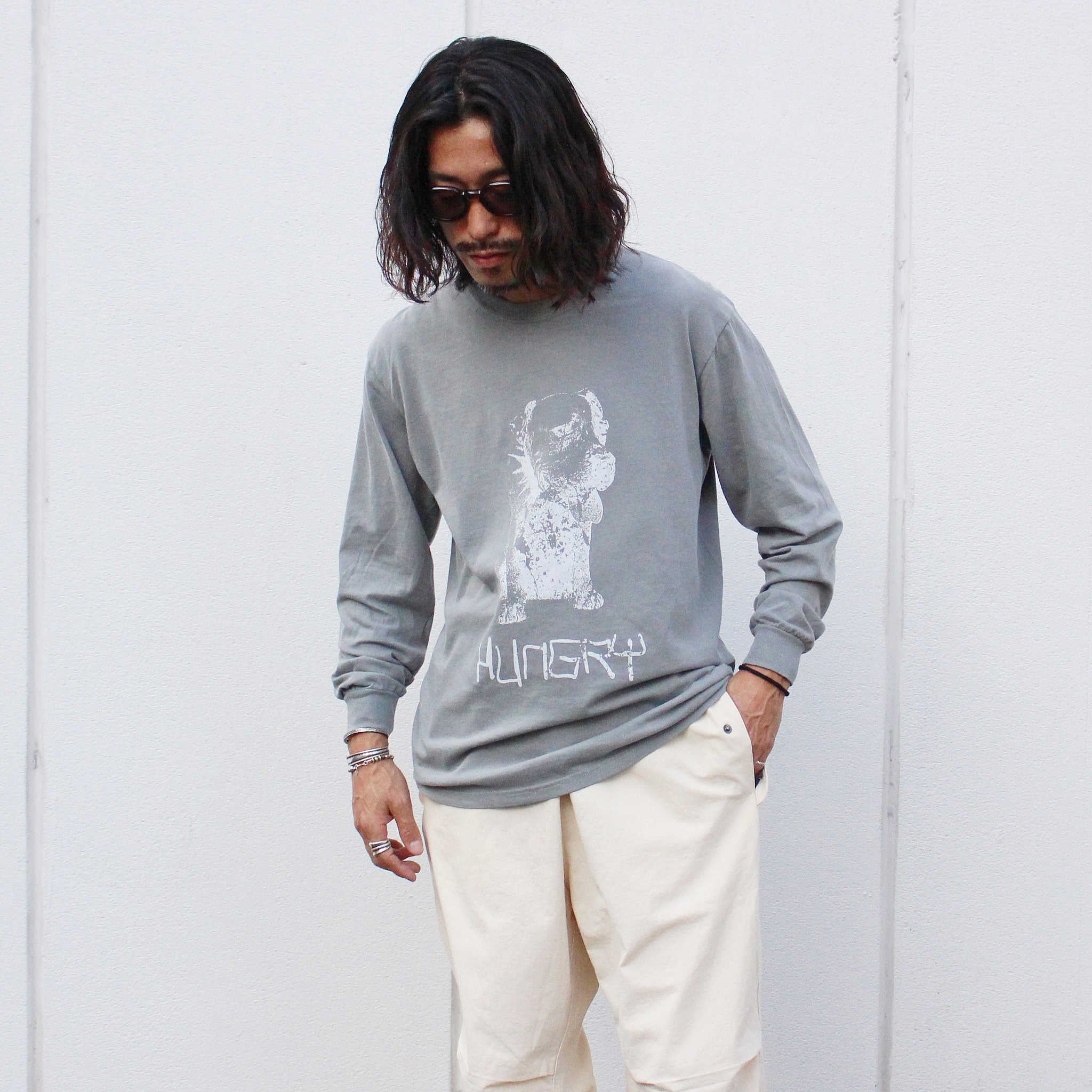 modemdesign モデムデザイン / Pigment pit bull print long sleeve Tee ピグメントピットブルプリントロンティー (GRAY グレー)