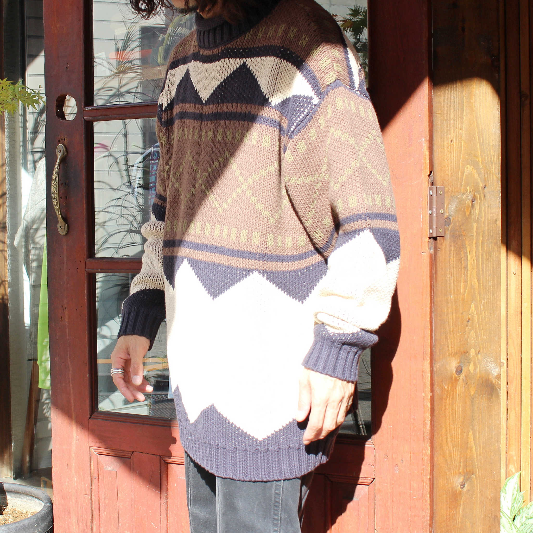 modemdesign モデムデザイン / LOWGAGE RETORO GEOMETRIC PATTERN ROLL NECK KNIT ローゲージロールネックニット (IVORY アイボリー)