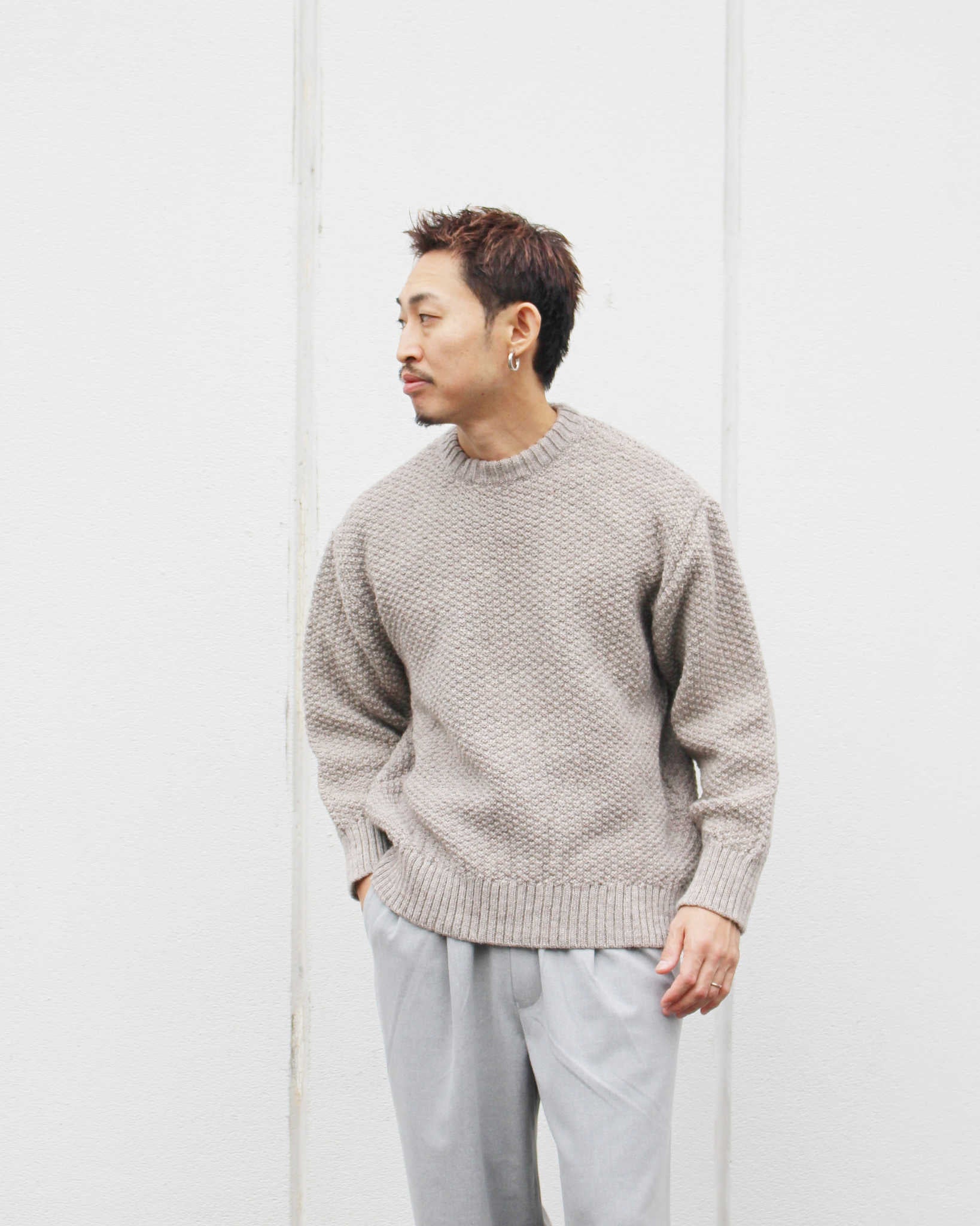 Kerry Woollen Mills ケリーウーレンミルズ / MOSS STITCH CREW NECK SWEATER RELAX モスステッチクルーネックセーター (OATMEAL オートミール)