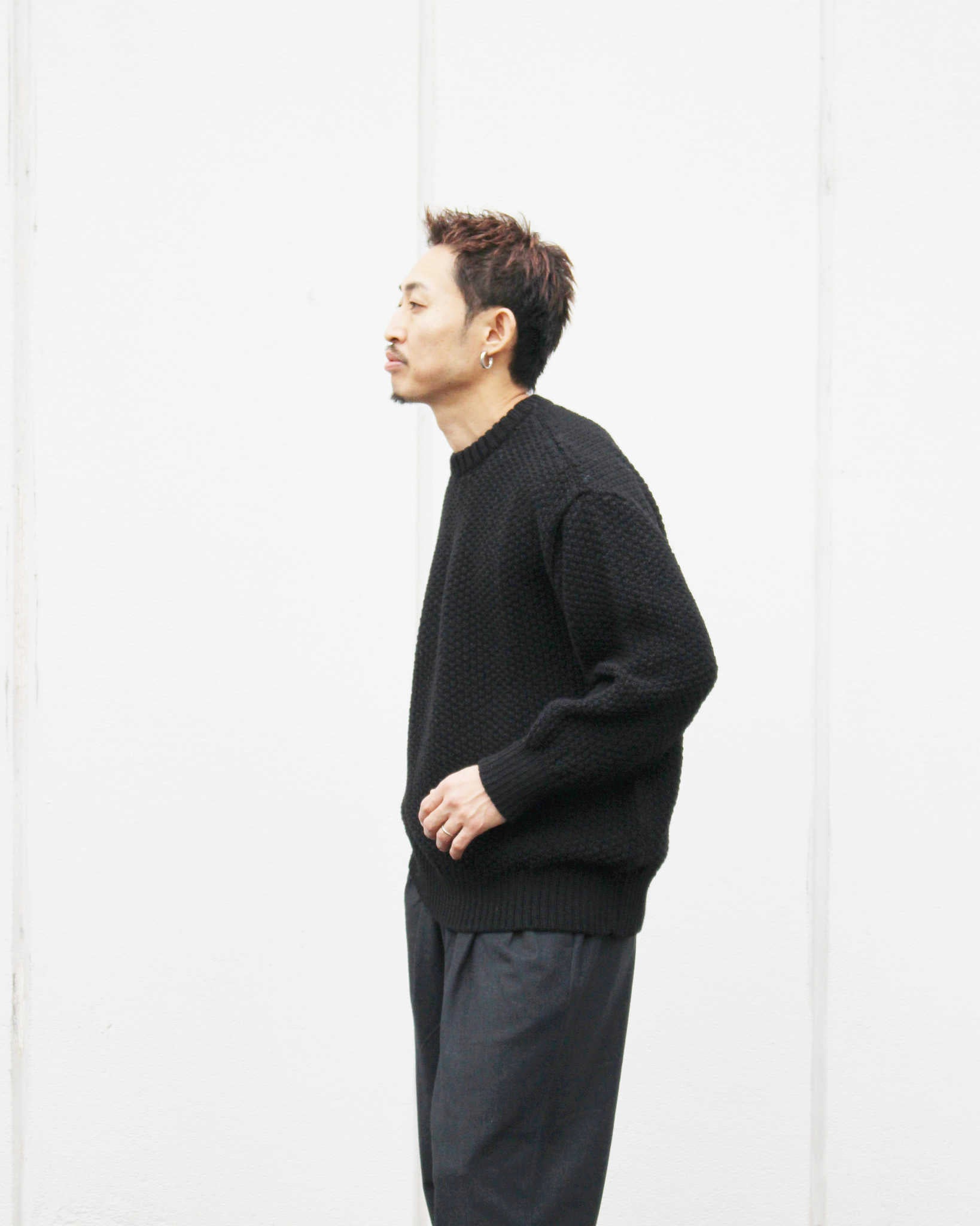 Kerry Woollen Mills ケリーウーレンミルズ / MOSS STITCH CREW NECK SWEATER RELAX モスステッチクルーネックセーター (JET BLACK ジェットブラック)