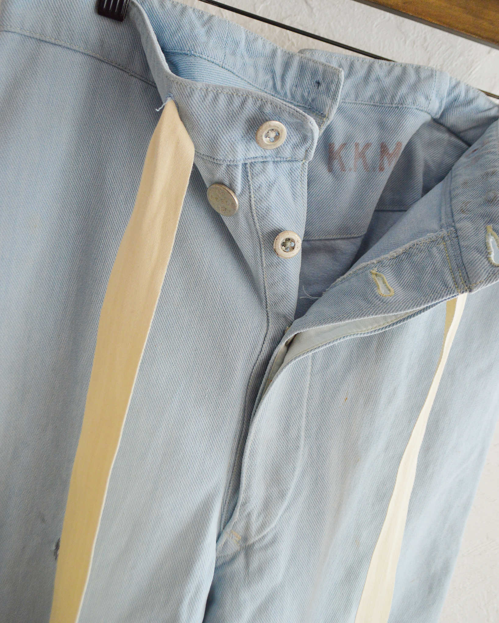 1950'S SWISS MILITARY DENIM TROUSERS REMAKE SUPER BLEACH & WAIST CORD+POCKET　スイスミリタリーデニムトラウザーズスーパーブリーチウエストコードプラスポケット